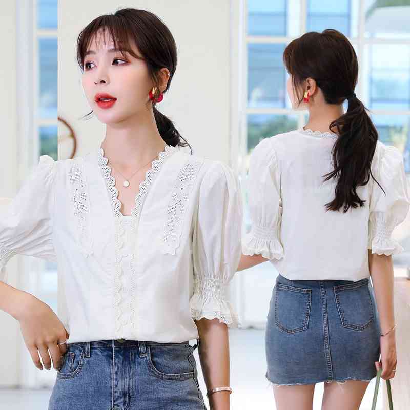 Casual V-neck Lace White Shirts Solid Color Puff Sleeve Summer Blouse for Women Womens Tops and Blouses Blusas 10204 210506