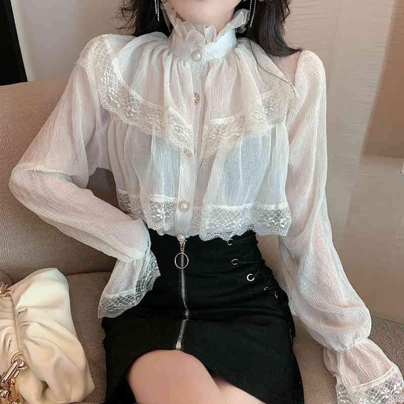 Sweet Lace Ruffles Patchwork Chiffon Shirt Female Spring Korean Fashion Elegant Stand Collar Flare Sleeve Casual Blouse 210519
