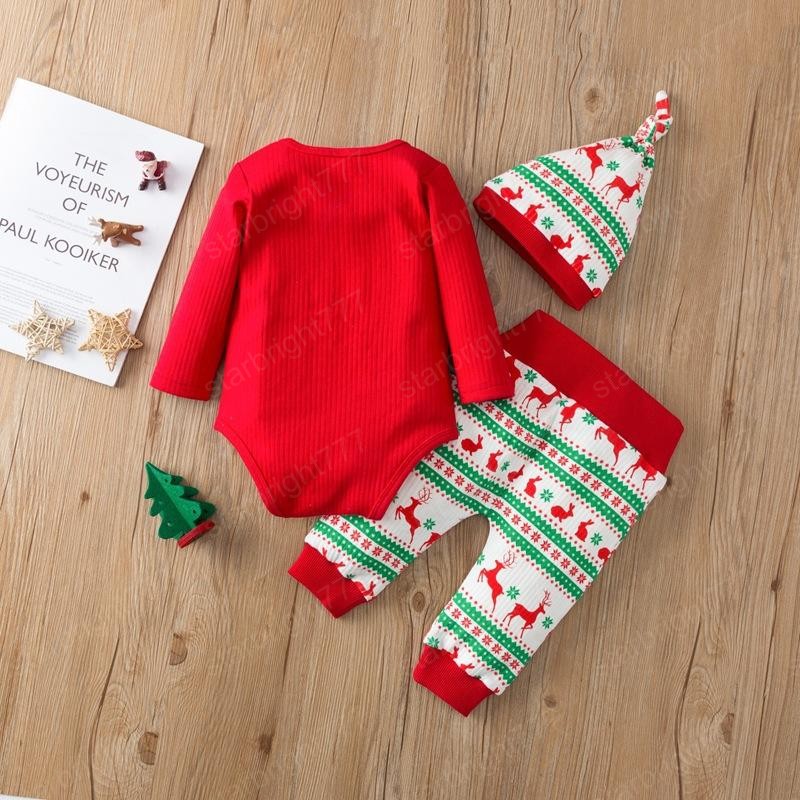 Christmas Baby Clothing Set Rib Rompers+Pants+Hat Fall Kids Boutique Clothes 0-2T Infant Toddlers Xmas Outfits Good Quality