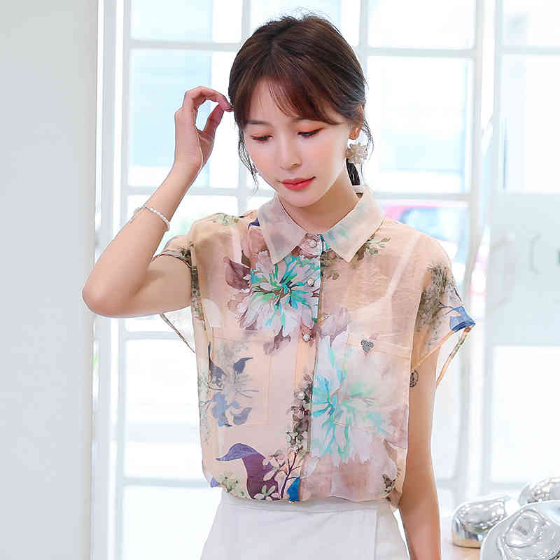 Korean Print Office Lady Tops Casual Short Sleeve Chiffon Shirt Women Blusas Mujer De Moda Summer Thin Blouse 9808 210506