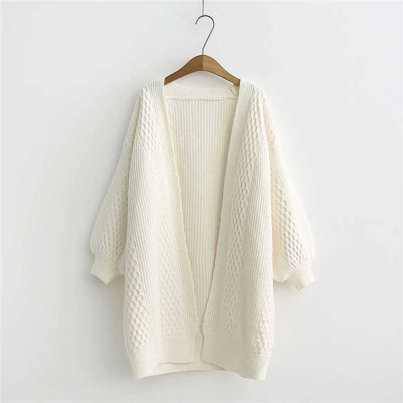 H.SA Women Long Sweater and Cardigans Lantern Sleeve Loose Knitte Coat Open Stitch Winter Cashmere Female 211007