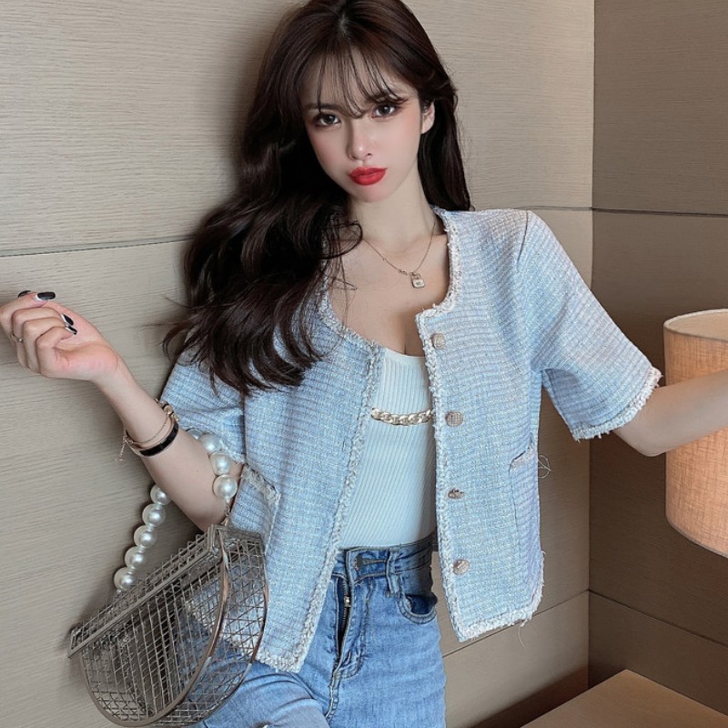 Korean Summer Women Single-breasted Tweed Cardigan Coat Elegant Vintage Round Neck Short Sleeve Casual Outwear 210519