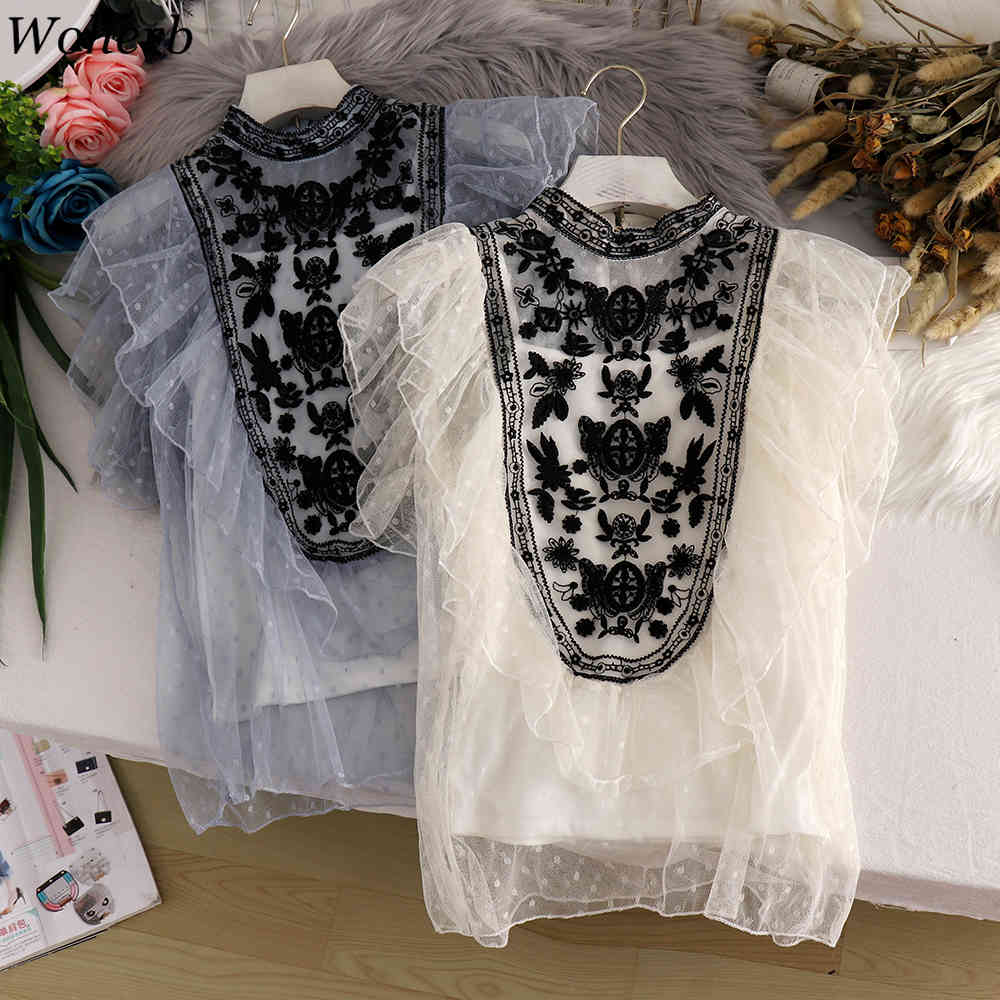 Elegant Floral Lace Shirt Women Sleeveless Mesh Blouses Sexy Korean Stand Collar Ruffle Office Lady Blusas Mujer 210519