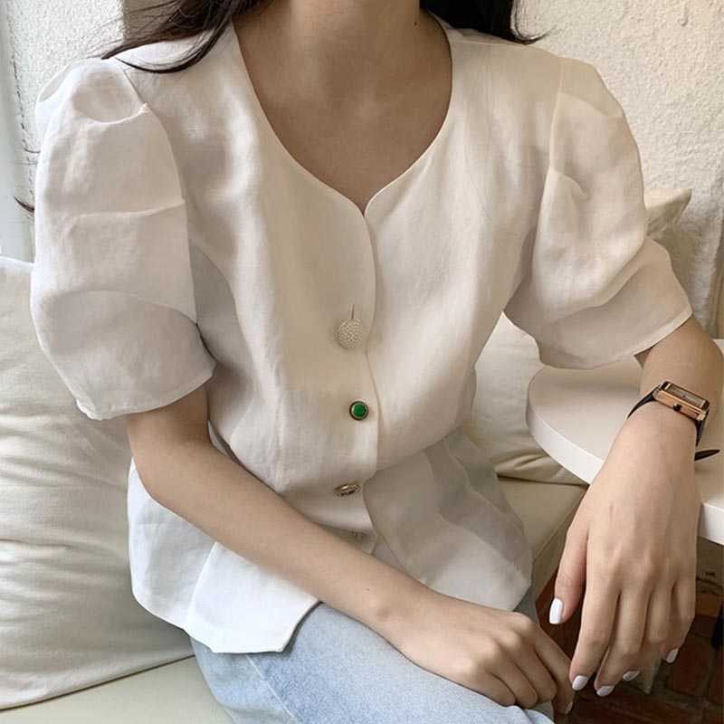 Korejpaa Women Shirt Summer Korean Chic Ladies Elegant Temperamen V-Neck Single-Breasted Solid Color Puff Sleeve Blouses 210526