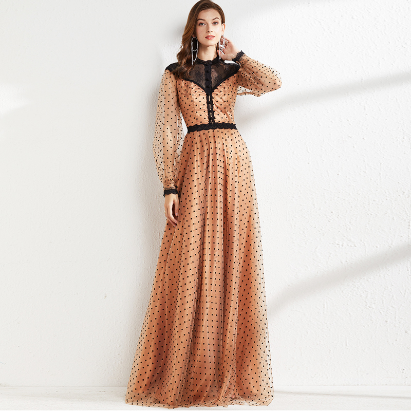 Women's Runway Dresses O Neck Long Sleeves Lace Patchwork Polka Dots Printed Elegant Maxi Floor Length Party Prom