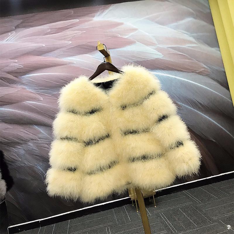 Women's Fur & Faux Customized 2021 Autumn Winter Women Fashion Ostrich Feather Jackets O-neck Short Real Coats Plus Size 5XL 6XL A494, White