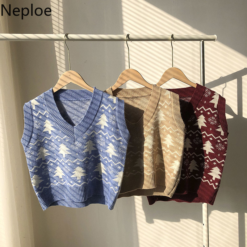 Neploe Vintage Christmas Trees Sweater Vest Women V-neck Knitted Korean Pullovers Waistcoat Loose Short Tank Tops Femme 4H368 210422