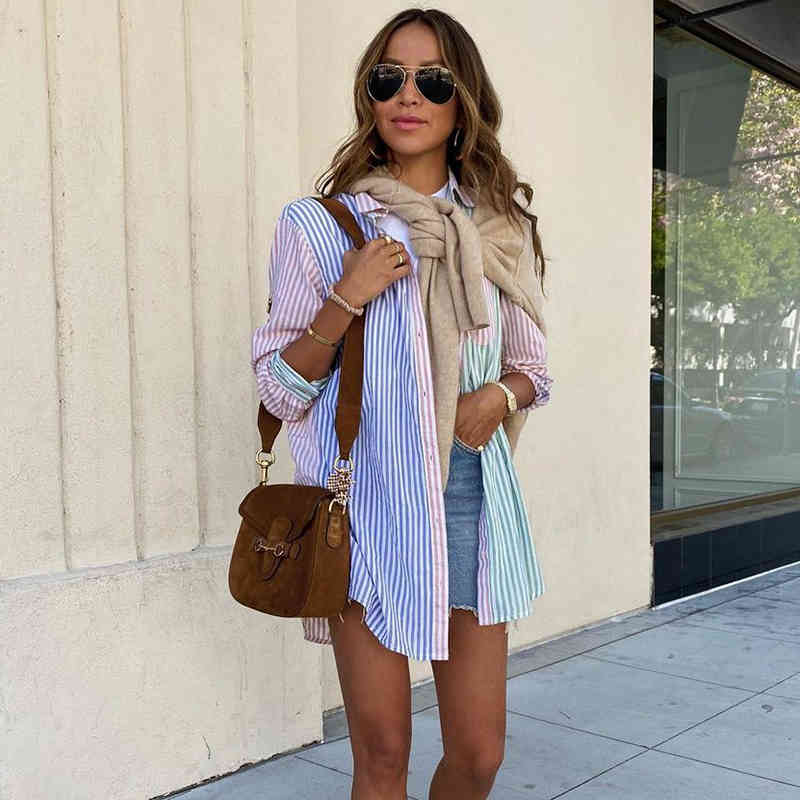 Patchwork Women Loose Colorful Button Shirts Summer Fashion Ladies Boho Boyfriend Shirt Vintage Girls Chic Tops 210430
