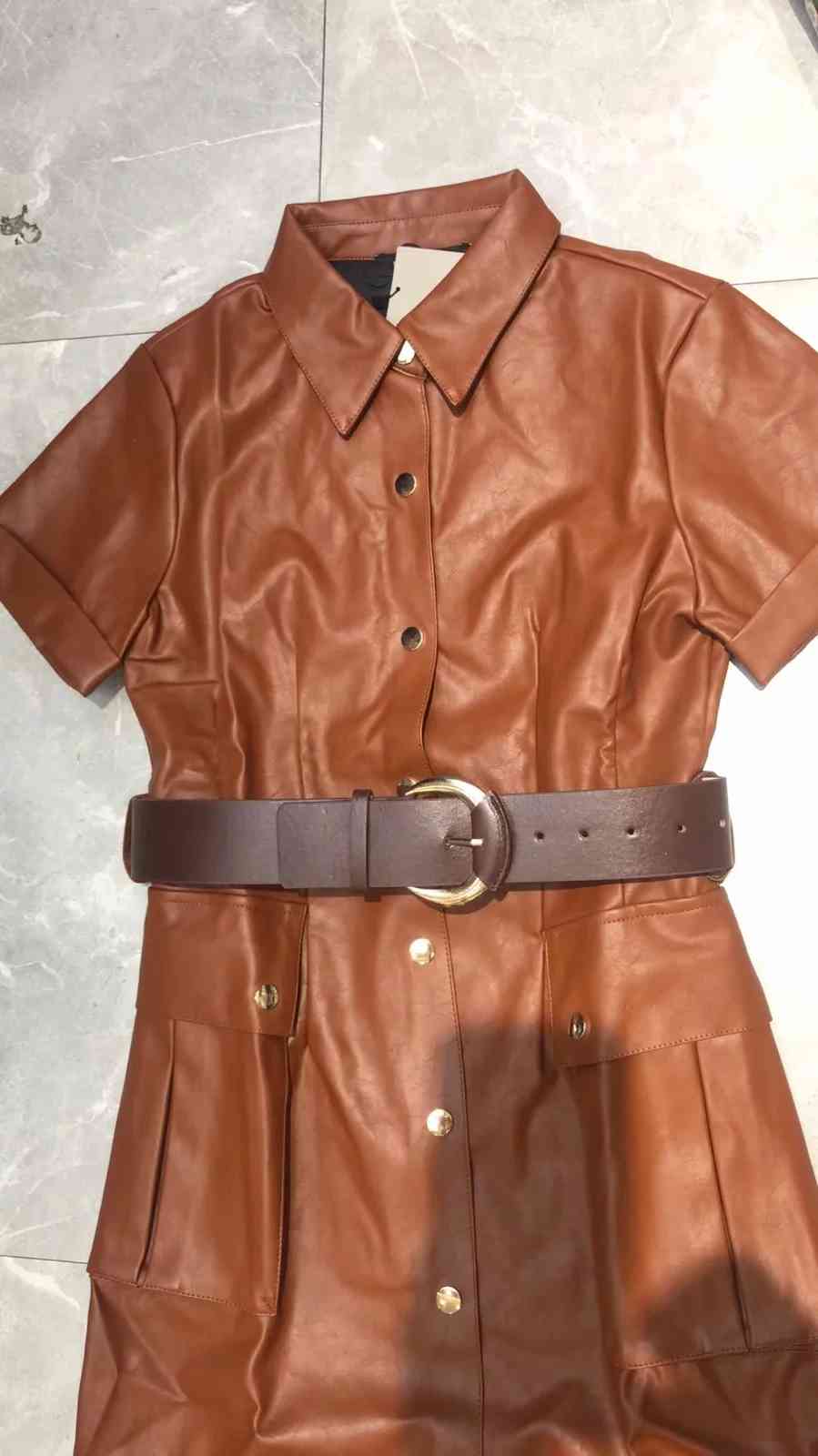 Winter button belt PU leather dress women midi Vintage casual short sleeve office black korean vestidos 210521