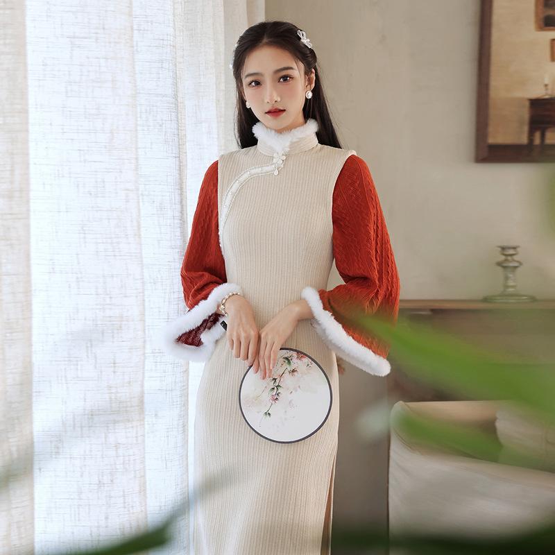 Ethnic Clothing High-end Fake Two Winter Cheongsam Womem Knitted Sleeves Fur Collar Chinese Dress Vintage Traditional Plus Size Elegant Qipa
Ethnic Clothing High-end Fake Two Winter Cheongsam Womem Knitted Sleeves Fur Collar Chinese Dress Vintage Traditional Plus Size Elegant Qipa