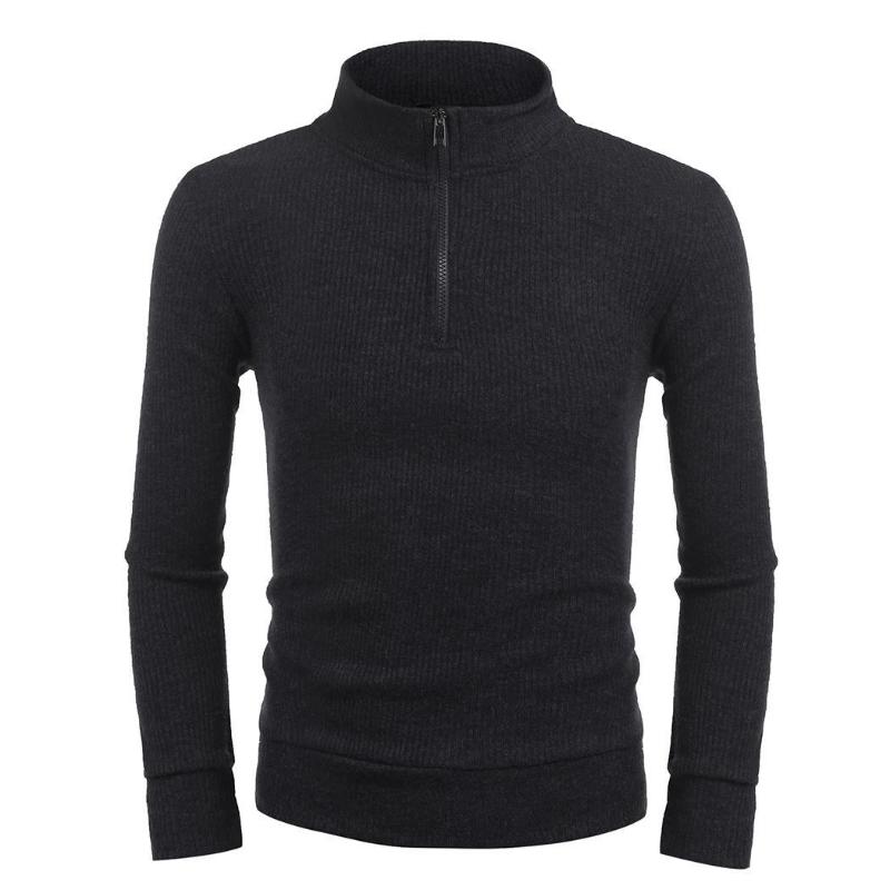 Men Stand Collar Long Sleeve 1/4 Zip Front Zipper Pullover Textured Casual Sweaters Men's