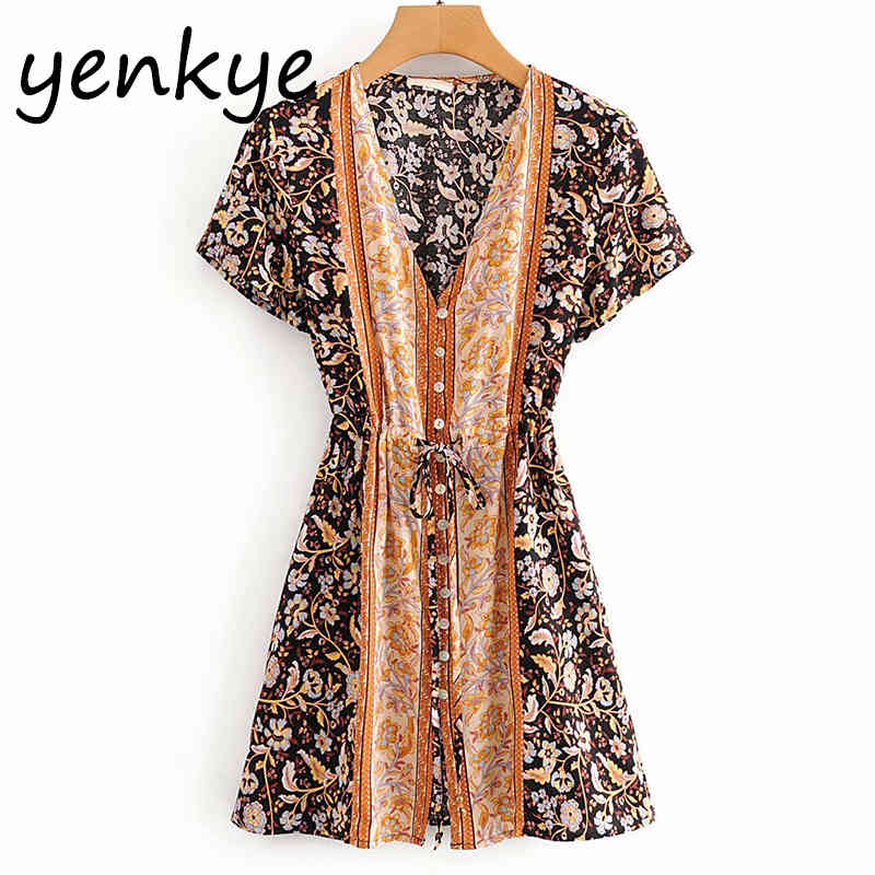Floral Print Boho Beach Dress Women V Neck Short Sleeve Dress Drawstring Waist A-line Casual Holiday Summer Dress Short Sundress 210515