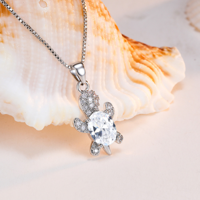 Colorful Gemstone Cute Turtle Pendant Necklace White Gold Plated Jewelry for Women Gift