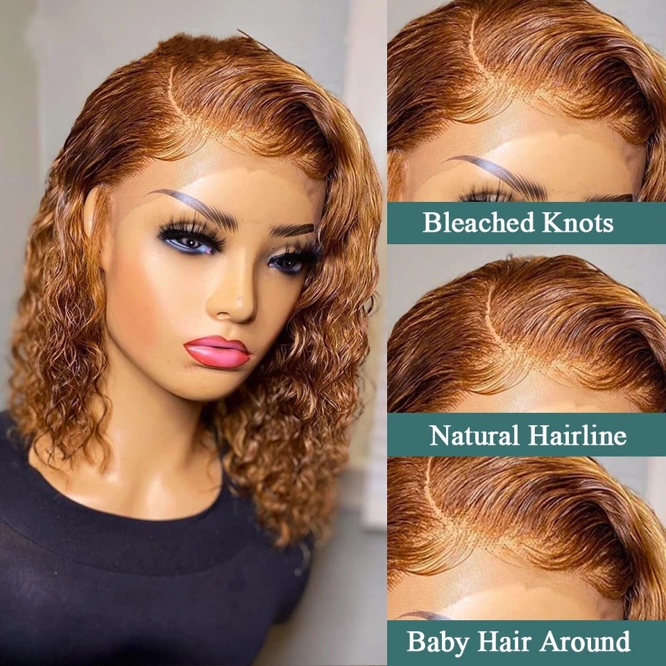 #27 Color Short Curly Bob Wig Lace Front Human Hair For Women Brazilian Honey Blonde Kinky Curl Synthetic Closure Frontal Wigs