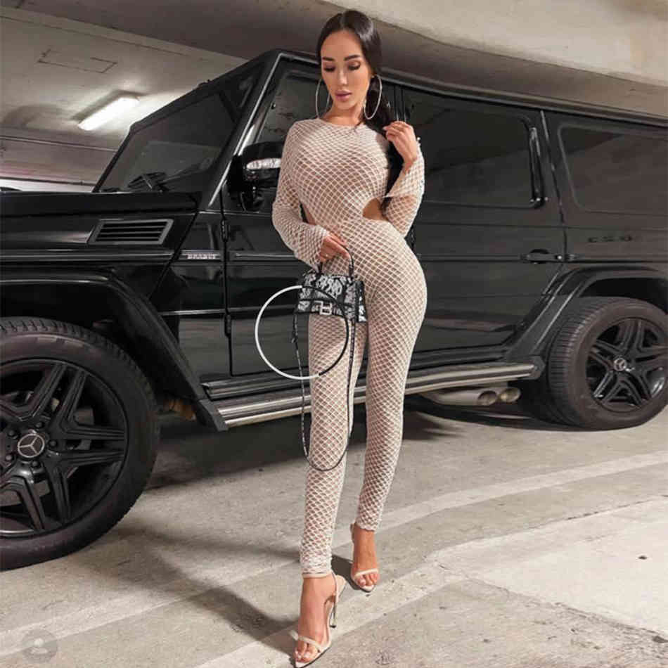 Spring Women Hollow Out Apricot Fashion Jumpsuits Sexy Long Sleeve & Full Pants Club Bodysuits Rompers 210423
