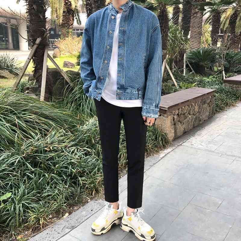 IEFB Men's Denim Jacket Korean Fashion Handsome Loose Stand Collar Single Breast Long Sleeve Jeans Jackets Spring 9Y5981 210524