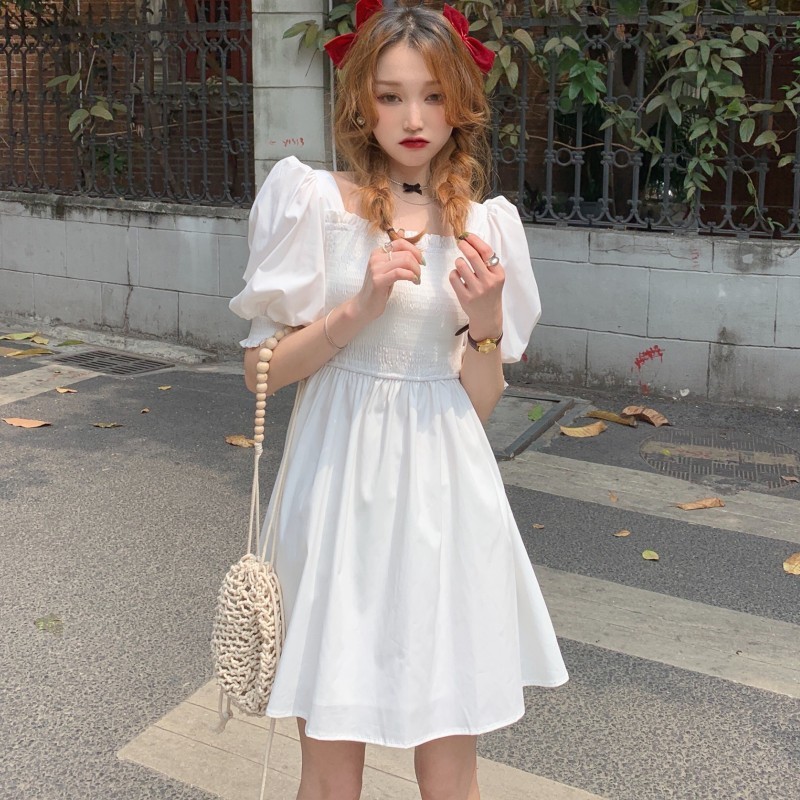 Summer Women Elegant Puff Sleeve Korean Style Sweet Dress Vintage Chiffon High Waist Casual Slim Party Female Vestido 210519