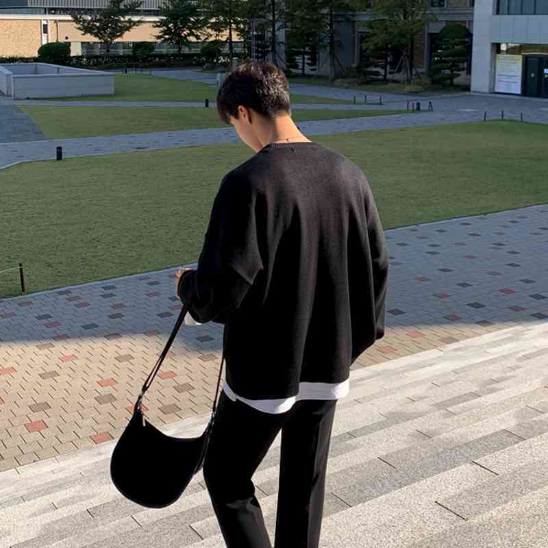 IEFB men's solid color sweater autumn Korean style loose round collar knitted long sleeve base tops male trend clothes Y4239 210524
