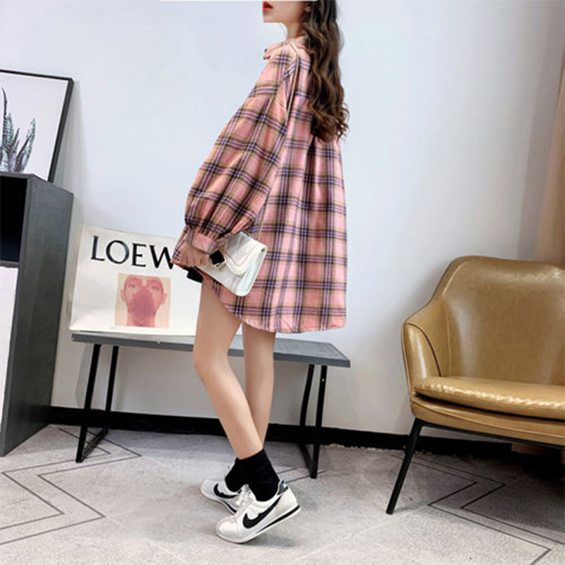 Spring Summer Korea Fashion Women Long Sleeve Turn-down Collar Plaid Shirts Loose Casual Cotton Blouse Femme Blusas S793 210512