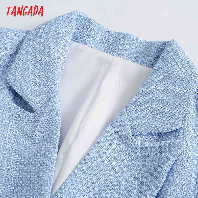 Tangada Women Fashion Blue Tweed Blazer Coat Vintage Long Sleeve Office Lady Outerwear Chic Tops QD83 211122