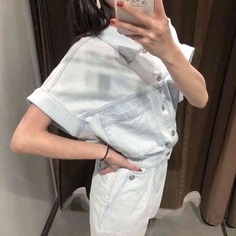 Women Cotton Denim Jumpsuit Fashion Short Sleeves Loose Overalls Vintage Wash Elastic Waist Washed Jumpsuits 210521