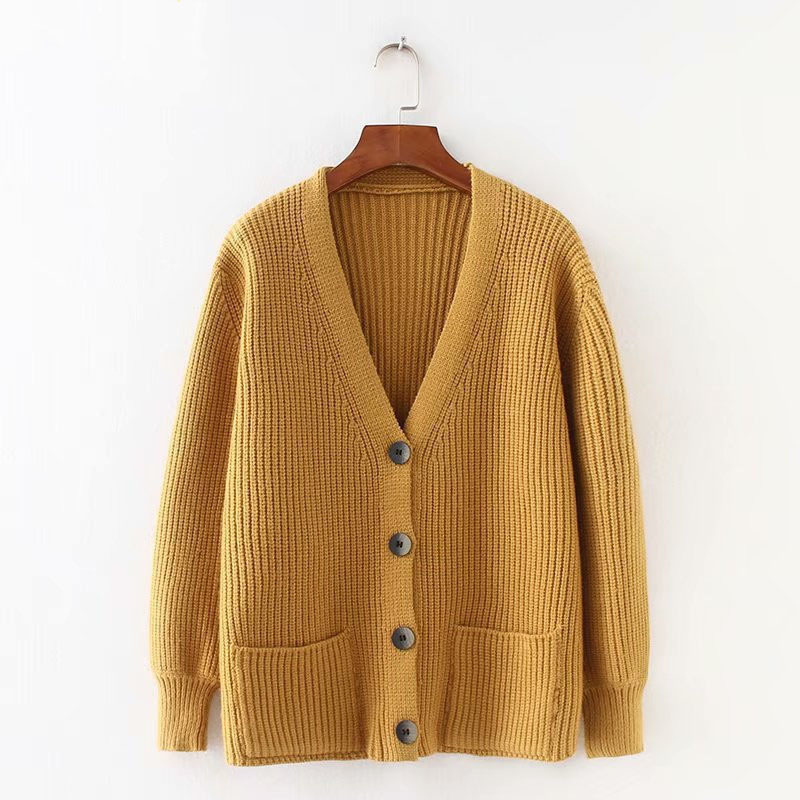 Solid V-neck Knitted Sweater Women Cardigan Winter Loose Knitwear Single Breasted Casual Outwear Jacket 10866 210506