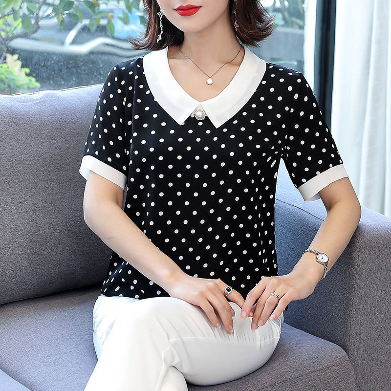 Women's Spring Summer Style Chiffon Blouses Shirts Women's Elegant Peter pan Collar Polka Dot Short Sleeve Casual Tops SP605 210317