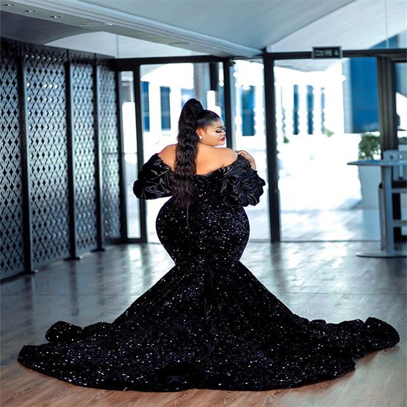 Real Image Plus Size Mermaid Evening Dresses Glitter Sequins V-Neck Promgown Short Sleeves Sweep Train Formal Party Gown Custom Made