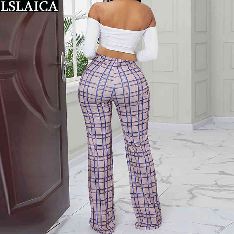 Elegant Plaid women pants autumn Casual female trousers streetwear high waist bell-bottoms mujer pantalones 210515