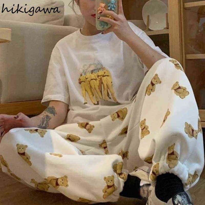 Hikigawa Cartoon Bear Sweatpants Women Streetwear Loose Straight Trousers High Waist Thicked Casual Wide Leg Pants 7z028 211115