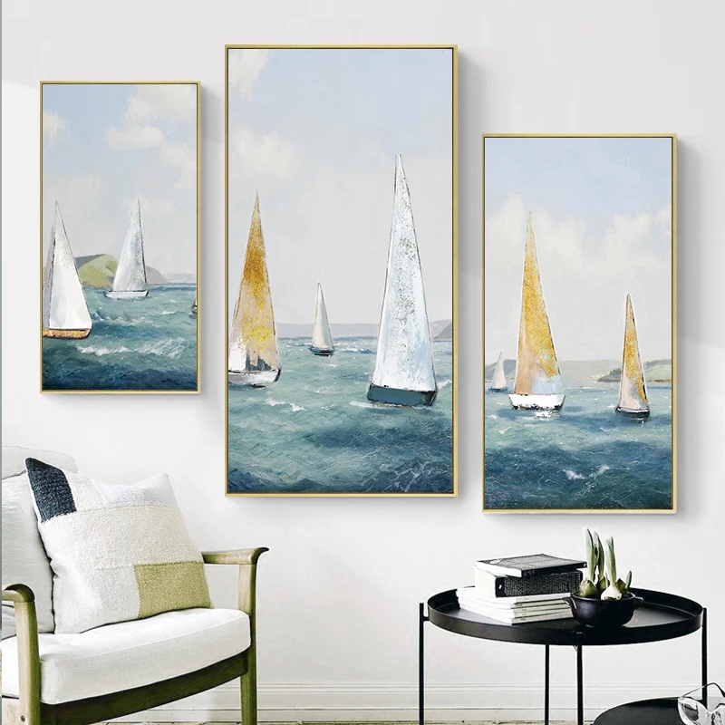 Sailing Boat Oil Paintings Print On Canvas Golden Ship Posters Ocean Sea Wall Art Abstract Wave Pictures for Living Room Decor
