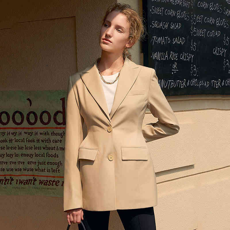 [EAM] Women Light Khak Shaped Vintage Blazer Lapel Long Sleeve Loose Fit Jacket Fashion Spring Autumn 1DD8050 210512