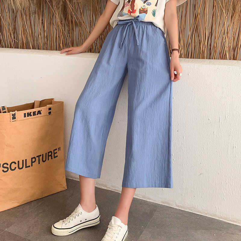 Women Wide Leg Pants Spring Summer Cotton Linen Calf-Length Casual Loose Solid Elastic Waist Soft Straight Trousers Female 210526