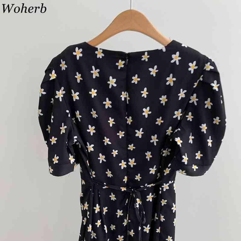 Korean Chic Summer Dresses Elegant Retro Floral Print Round Neck Puff Sleeve Long Dress Female Vestidos 210519