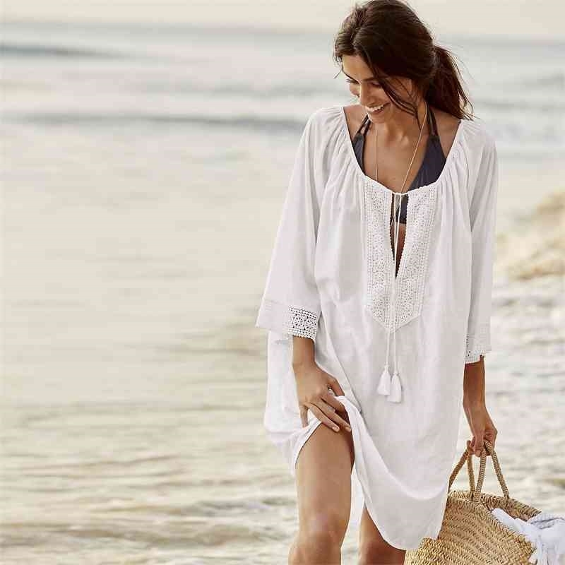 Lace Patchwork Tassel Drawsring Cotton Beach Dress Summer Vacation Womens Cover Ups Casual Loose Black Swimsuit Up 210604