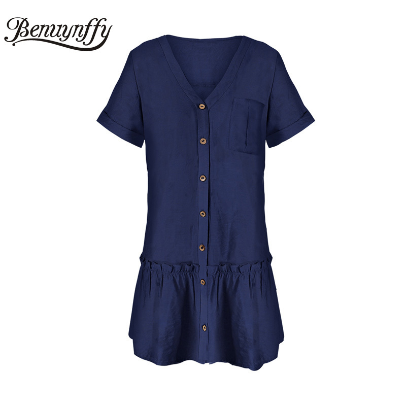 V-neck Single Breasted Frill Trim Shirt Dress Fashion Casual Women Summer Short Sleeve Pocket Loose Mini 210510