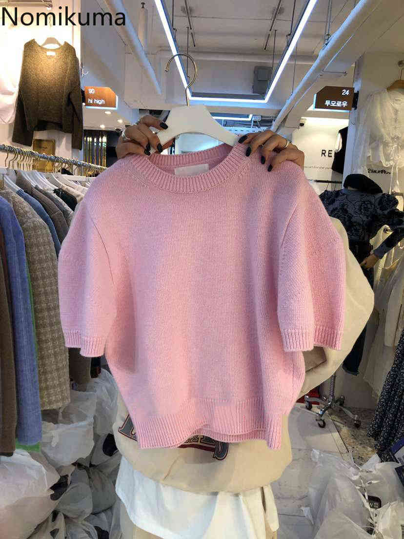 Nomikuma Korean Sweet Short Sleeve Knitted Pullovers Causal O-neck Women Sweater Spring New Elegant Knitwear Jumpers 6F273 210427