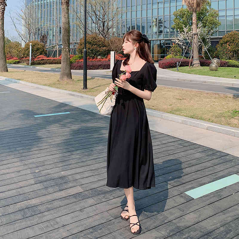 Long Sleeve Dress Women Holiday Elegant Ankle-length Female Square Collar Simple Trendy Korean Style Leisure Streetwear Slim Ins 210515