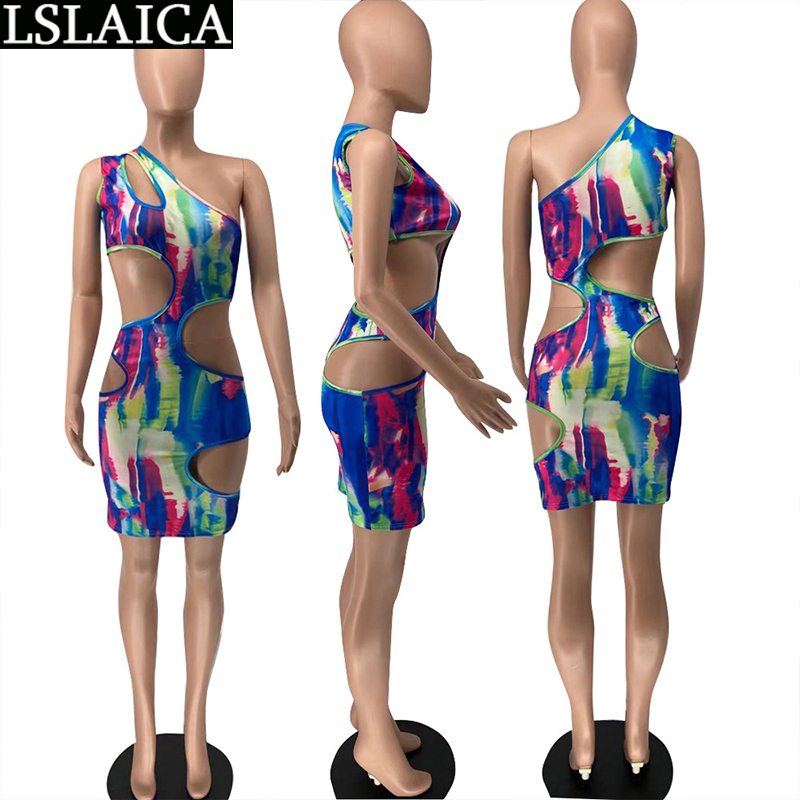 Summer Light Dresses One-shoulder Hole Hollow Out Sexy Bodycon Print Fashion Elegant High Waist Irregular Night 210515