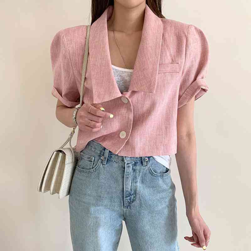 Temperament Fashion Summer Yellow Short Sleeve Two Buttons Jackets Women Loose Casual Wild Turn Down Collar Coat Tops 210429