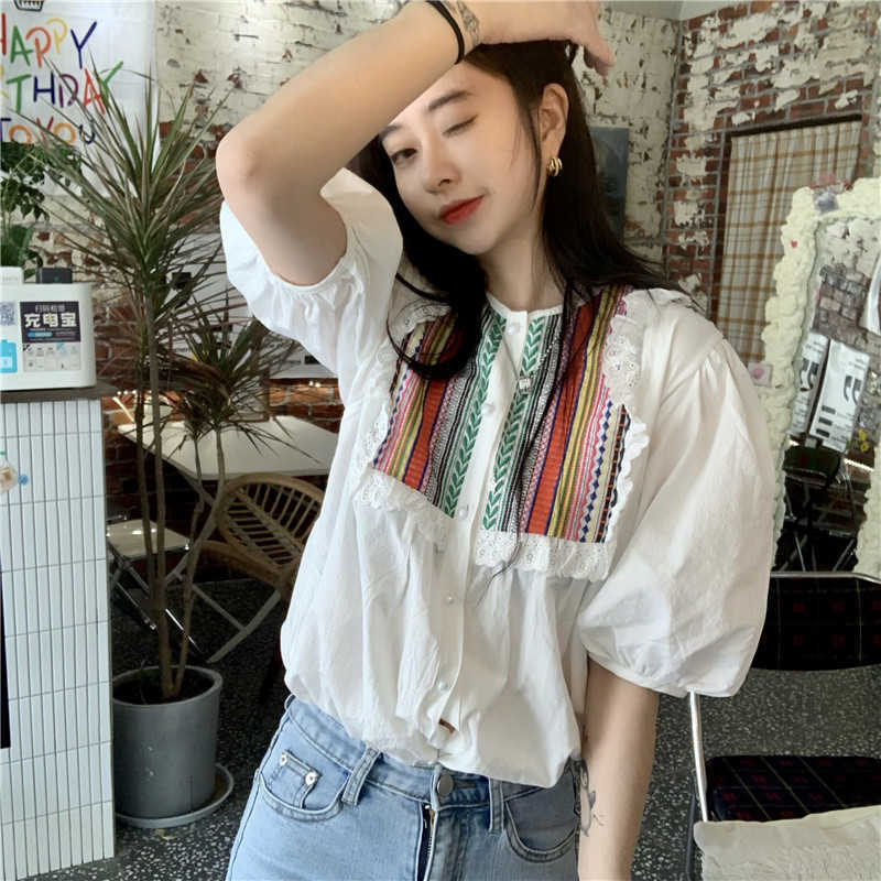 Korean Chic Embroideried Blouse Tops Causal Ruffle O-neck Puff Sleeve Shirt Spring Summer Blusas Mujer 6G785 210603