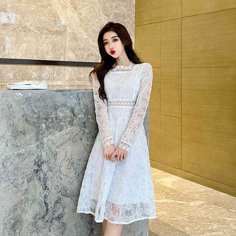 Spring Fashion Flower Lace Embroidery Midi Dress Sweet Women Long Sleeve White Casual Slim Party Dresses Robe Vestidos 210519