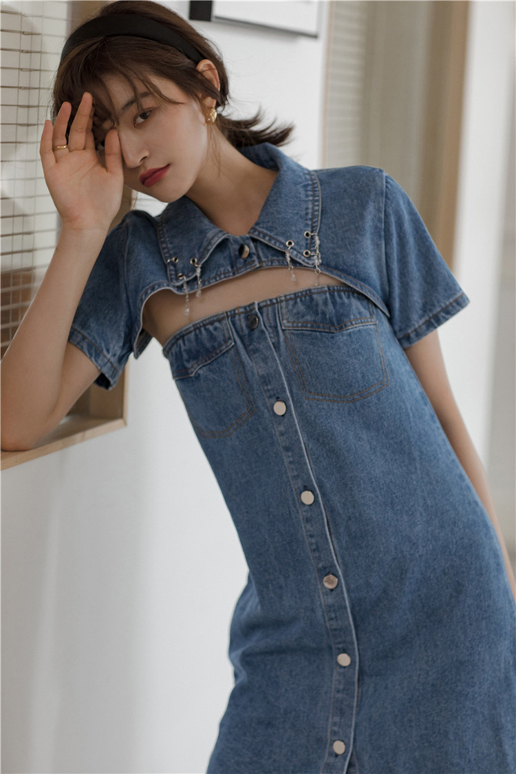 2 Piece Summer Denim Dress Women Strapless Button Up Blue Jean Keyhole Ladies Korean Mini 210427