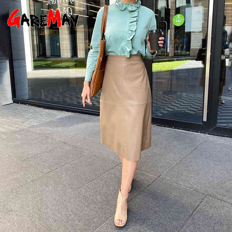 Winter Warm faux women's leather skirt Long Vintage female knee-length beige Black Pencil with high waist 210428
