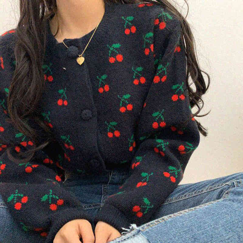 Women Fall Sweater Cardigans Chic Streetwear Cute Cherry Knit Jackets Korean Coat Autumn Winter Outwear Tops 210422