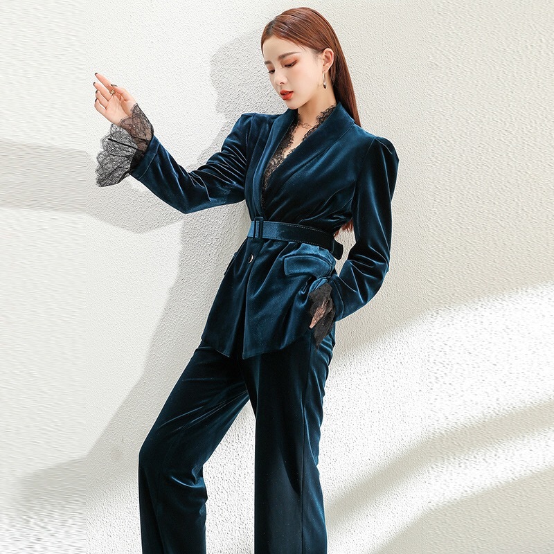 Two-pieces Set Elegant High-quality Women's Suit Long Pants Fashion Sleeve Ladies Jacket Casual Lace Velvet Flared 210421