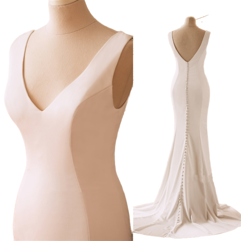 2022 Simple And Elegant Fitted Slim Mermaid Wedding Dress V-neck Back Buttons Sleeveless Bridal Formal Gowns Minimalist Ivory Satin Bride Dresses Robe