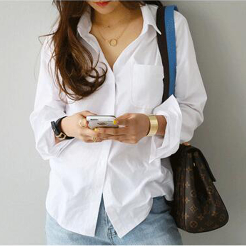 Spring Autumn Korea Fashion Women White Shirt Female Blouse Tops Office Lady Long Sleeve Turn-down Collar Loose Blouses S206 210512