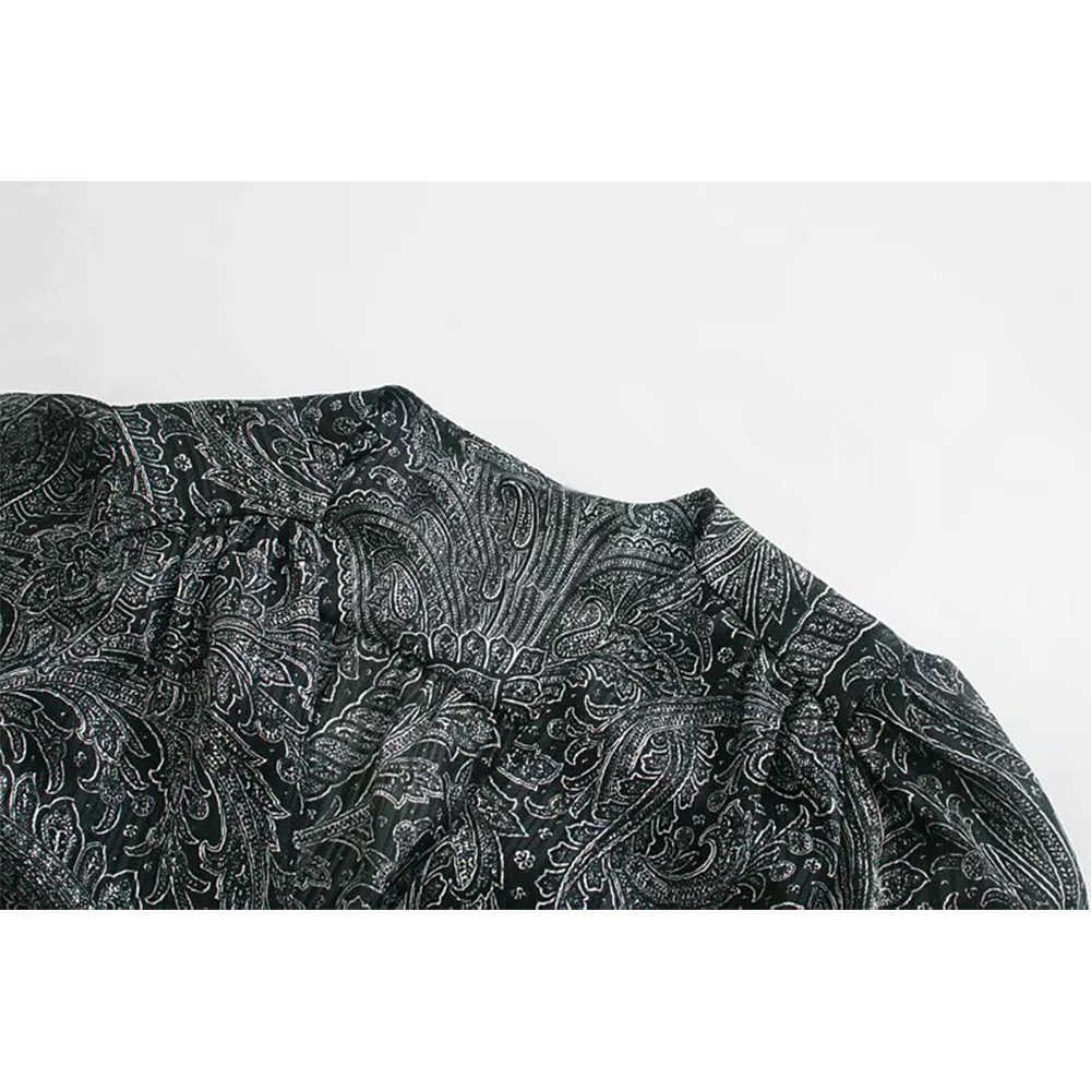 Women Dress Printed Crossover V-neck Long Cuffed Sleeves Wrap-style Belt Long Dress vestidos femme robe 210709