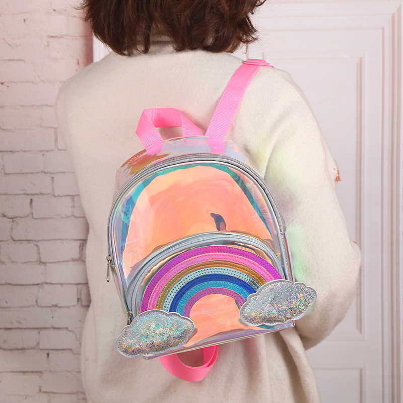 Cartoon Rainbow Unicorn PVC Transparent Backpack For Children Plush kindergarten Small SchoolBag Girls School Bags Mini Backpack 210901